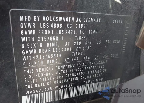 2015 Volkswagen Tiguan S из США, поврежденный, VIN WVGAV7AX5FW607894